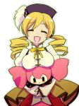  bad_id beret blonde_hair breast_rest breasts breasts_on_head carried_breast_rest charlotte_(madoka_magica) closed_eyes drill_hair eyes_closed hair_ornament hat hug magical_girl mahou_shoujo_madoka_magica open_mouth pasaporiapua pleated_skirt puffy_sleeves skirt smile tomoe_mami touma_rui 