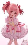  :3 :d bubble_skirt choker collarbone face gloves hands_on_knees head_tilt highres irimo kaname_madoka kyubey leaning_forward looking_at_viewer magical_girl mahou_shoujo_madoka_magica open_mouth pink_eyes pink_hair puffy_sleeves short_hair short_twintails simple_background smile solo twintails white_gloves 