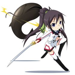  blue_eyes boots catfish chibi fish infinite_stratos long_hair ponytail shinonono_houki simple_background sword thigh-highs thighhighs tomcat uniform weapon 