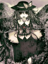  bad_id bow cong1991 creepy hat hat_bow hat_ribbon heart highres komeiji_koishi long_hair monochrome ribbon skirt solo spot_color teeth third_eye touhou 