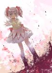  blush bubble_skirt choker dutch_angle gloves highres kaname_madoka m_(tokui1213) magical_girl mahou_shoujo_madoka_magica outstretched_hand pink_eyes pink_hair puffy_sleeves reaching short_hair short_twintails standing tears twintails white_gloves 