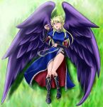  black_wings blonde_hair blush boots breath_of_fire breath_of_fire_ii dress gloves green_eyes highres knee_boots legs long_hair long_legs lying nina_(breath_of_fire_ii) no_panties nyantiu side_slit thighs wings 