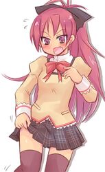  alternate_costume altorealize angry blush embarrassed fang long_hair mahou_shoujo_madoka_magica open_mouth pink_eyes pink_hair ponytail sakura_kyouko school_uniform simple_background solo thigh-highs thighhighs zettai_ryouiki 