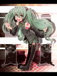  aqua_eyes aqua_hair bespectacled detached_sleeves drpow fang glasses hatsune_miku headphones headset letterboxed long_hair necktie skirt smile solo thigh-highs thighhighs tom_(drpow) twintails very_long_hair vocaloid zettai_ryouiki 