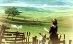  bird child clothes_grab cloud clouds fence field fields finger_in_mouth grass hat highres kio_naoki mother mountain original pointy_ears scenery swing swing_set tree 