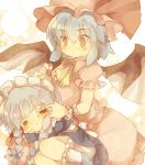  bad_id bat_wings blue_dress blue_hair blush braid chibi closed_eyes dress eyes_closed hand_in_hair hat izayoi_sakuya maid masirosu pink_dress red_eyes remilia_scarlet silver_hair sleeping touhou twin_braids wings 