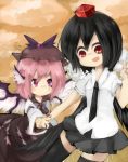  animal_ears bad_id black_hair black_legwear black_wings dress hand_holding hat holding_hands kiilowolf multiple_girls mystia_lorelei necktie pink_eyes pink_hair red_eyes shameimaru_aya short_hair skirt thighhighs tokin_hat touhou wings zettai_ryouiki 