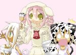  3girls animal_ears bucket cow_bell crossover dress ga_geijutsuka_art_design_class green_eyes hitsugi_katsugi_no_kuro multiple_girls nikuju noda_miki paint paintbrush pink_hair robe sanju sundress tail yas_siroglasses yellow_eyes 