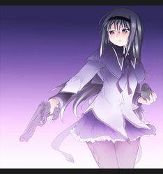  akemi_homura beretta_92 black_hair explosive gacya grenade gun hairband handgun highres letterboxed long_hair magical_girl mahou_shoujo_madoka_magica pantyhose pistol pleated_skirt purple_eyes skirt solo violet_eyes weapon 