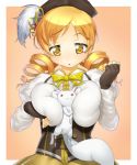  blonde_hair breasts drill_hair face kyubey large_breasts mahou_shoujo_madoka_magica onsoku_maru short_hair short_twintails tomoe_mami twintails yellow_eyes 