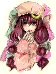  bow bust crescent hair_bow hand_to_mouth hat hat_bow lips long_hair nail_polish patchouli_knowledge purple_eyes purple_hair rough sleeves_past_wrists solo tima touhou violet_eyes 