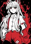  bow fire fujiwara_no_mokou hair_bow long_hair macaroni_and_cheese red_eyes solo suspenders touhou 