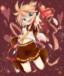  angel_wings aqua_eyes bad_id blonde_hair blush detached_sleeves headphones headset heart hyerry kagamine_len leg_warmers male open_mouth shorts smile solo touyama_soboro vocaloid wings 