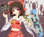  blush bow brown_hair crossover dead_space dead_space_2 exploder_(dead_space) hair_bow hair_tubes hakurei_reimu highres looking_at_viewer lurker_(dead_space) mask necromorph noveske_n4 plasma_cutter red_eyes short_hair slasher_(dead_space) solo touhou 