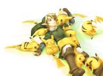  blonde_hair blue_eyes boots brown_eyes chikuwa_(rinka) earrings fingerless_gloves gloves hat jewelry link lying piakchu pikachu pointy_ears pokemon rinka115 simple_background single_earring sleeping smile super_smash_bros. the_legend_of_zelda too_many_pikachu twilight_princess 