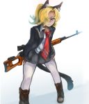  1girl animal_ears arceonn blazer blonde_hair blue_eyes boots cat_ears cat_tail cross-laced_footwear dragunov_svd gun hair_over_one_eye highres katja_(arceonn) necktie original pigeon-toed pleated_skirt ponytail rifle scope short_hair skirt sniper_rifle solo svd_(weapon) tail thigh-highs weapon white_legwear 