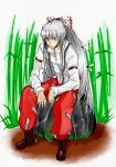  bamboo bamboo_forest boots cross-laced_footwear forest fujiwara_no_mokou h-a-b_(psycho) highres long_hair long_sleeves looking_at_viewer nature pants shoes sitting sketch solo suspenders touhou 