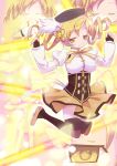  beret blonde_hair boots corset detached_sleeves drill_hair fingerless_gloves gloves hair_ornament hands_clasped hat henshin highres jumping light_smile magical_girl mahou_shoujo_madoka_magica nyori puffy_sleeves school_uniform solo thigh-highs thighhighs tomoe_mami yellow_eyes 