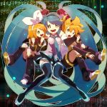  aqua_hair bad_id hatsune_miku hidaka kagamine_len kagamine_rin long_hair necktie skirt smile thigh-highs thighhighs twintails very_long_hair vocaloid zettai_ryouiki 