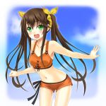  brown_hair fang green_eyes highres huang_lingyin infinite_stratos long_hair midriff navel open_mouth setona_(daice) solo swimsuit twintails 