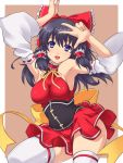  :d armpits arms_up bare_shoulders bitaraga black_hair blue_eyes bow brown_background choker corset curvy detached_sleeves dress frills hair_bow hair_tubes hakurei_reimu head_tilt hips impossible_clothes impossible_clothing impossible_shirt large_bow long_hair looking_at_viewer miko no_bra open_mouth ribbon shiny shiny_clothes shiny_skin short_dress simple_background skindentation smile solo thick_thighs thigh-highs thighhighs thighs touhou v white_legwear wide_hips wide_sleeves zettai_ryouiki 