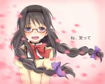  :d akemi_homura alternate_hairstyle black_hair braid glasses hairband long_hair mahou_shoujo_madoka_magica open_mouth purple_eyes red-framed_glasses smile solo spoilers translated twin_braids twintails violet_eyes yumi0519 