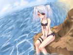  beach blush breasts eyepatch front-tie_top highres infinite_stratos laura_bodewig long_hair moffuu ocean red_eyes rock silver_hair small_breasts solo swimsuit twintails 