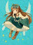  boots bow brown_boots brown_eyes brown_hair chaba_(hortensia) cross-laced_footwear dress dress_lift green_dress hair_bow lace-up_boots open_mouth slip_skirt solo star star_sapphire star_sapphiresolo touhou upskirt wings 