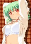  arms_behind_head arms_up bad_id bra breasts bust cleavage green_hair kazami_yuuka lingerie navel open_clothes open_shirt red_eyes shirt short_hair solo sports_bra touhou umekichi underwear wavy_hair youkai 