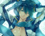  arms_up blue_eyes blue_hair kaito male open_clothes scarf short_hair smile solo vocaloid wink 