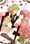  bad_id earmuffs elbow_gloves gloves green_hair grey_legwear gumi happy_synthesizer_(vocaloid) headphones headset megurine_luka multiple_girls open_mouth pantyhose pikota_(pipipi_freedom) pink_hair short_hair skirt smile striped striped_legwear striped_pantyhose vocaloid 