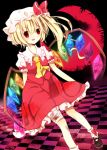  ascot bandage bandages blonde_hair blush checkered checkered_floor crescent_moon flandre_scarlet hat moon red_eyes red_moon renka913 side_ponytail solo the_embodiment_of_scarlet_devil touhou wings 