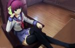  angel_beats! green_eyes legwear long_hair purple_hair school_uniform stockings thigh-highs thighhighs yuri_(angel_beats!) zettai_ryouiki 