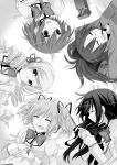  akemi_homura bad_id closed_eyes highres kaname_madoka long_hair lying mahou_shoujo_madoka_magica miki_sayaka monochrome naru_(andante) pocky sakura_kyouko school_uniform short_hair smile tears tomoe_mami twintails 