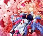  blazblue closed_eyes cosplay eyes_closed flower long_hair lying noel_vermillion noel_vermillion_(cosplay) on_back pink_hair pink_rose purin0505 red_rose rose solo thighhighs torn_clothes tsubaki_yayoi yua 