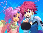  blue_background earrings frills happy harold_berselius heart heart_of_string jewelry lipstick long_hair makeup meredy messy_hair multiple_girls nez-doll pointing purple_eyes purple_hair red_hair redhead short_hair smile tales_of_(series) tales_of_destiny_2 tales_of_eternia twintails violet_eyes 