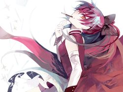  bad_id bare_shoulders dalahast detached_sleeves light_smile long_hair mahou_shoujo_madoka_magica mouth_hold orange_eyes pocky ponytail red_hair redhead sakura_kyouko solo sparkle 