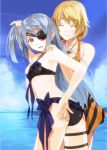  2girls adjusting_swimsuit ass bikini blonde_hair charlotte_dunois eyepatch holster infinite_stratos jewelry kabocha laura_bodewig long_hair multiple_girls necklace red_eyes silver_hair swimsuit thigh_holster 
