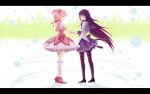  2girls akemi_homura black_hair choker closed_eyes dress kaname_madoka long_hair magical_girl mahou_shoujo_madoka_magica open_mouth pink_hair purple_eyes smile stockings twintails 