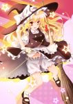  apron blonde_hair bloomers blush bobby_socks bow braid broom dress enter entershell hair_bow hat highres kirisame_marisa long_hair mary_janes navel shoes slip_skirt smile socks solo star touhou upskirt witch witch_hat yellow_eyes 