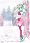  christmas fading_borders gate green_dam green_eyes green_hair hair_ornament hat highres holly leaf leg_warmers long_hair no_nose original os os-tan personification pink_legwear scarf silversirius snow snowing solo thigh-highs thighhighs tree twintails 