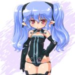  black_panties black_thighhighs blue_hair blush breasts busou_shinki cleavage dd_(artist) doll_joints elbow_gloves flat_chest gloves hand_on_hip hips leotard long_hair panties pointy_ears red_eyes standing thigh-highs thighhighs twintails underwear valona 