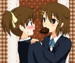  2girls brown_eyes brown_hair chocolate cookie eye_contact female food hair_ornament hairclip hand_on_shoulder hirasawa_ui hirasawa_yui incest k-on! lion_hugh looking_at_another mouth_hold multiple_girls open_mouth ponytail school_uniform siblings sisters surprised sweat sweatdrop yuri 