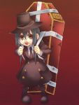  boots coat coffin glasses hat highres hitsugi_katsugi_no_kuro kuro_(hitsugi_katsugi_no_kuro) necktie open_mouth red_eyes satomi_yoshitaka simple_background witch_hat 