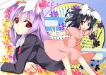  animal_ears black_hair bunny_ears carrot inaba_tewi jewelry kusano_(torisukerabasu) lavender_hair long_hair lying multiple_girls on_stomach open_mouth outstretched_arms pendant purple_hair red_eyes reisen_udongein_inaba short_hair smile spread_arms torisukerabasu touhou 