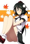  black_hair blush cosplay hat infinite_stratos km_(artist) leaf maple_leaf orimura_chifuyu shameimaru_aya shameimaru_aya_(cosplay) sitting skirt solo tokin_hat touhou 