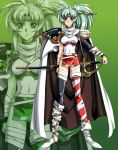  90s ahoge angelina_(langrisser) asymmetrical_clothes asymmetrical_clothing bandage bandages black_legwear black_thighhighs boots breasts brown_eyes cape frown gloves green_background green_hair langrisser langrisser_iv long_hair mismatched_footwear official_art pauldron pauldrons payot ponytail red_legwear red_thighhighs scabbard scan serious sheath solo thigh-highs thighhighs tiara urushihara_satoshi zoom_layer 