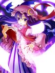  1girl book bow crescent flying_paper hat ichinose_natsuki long_hair long_image magic_circle open_book paper patchouli_knowledge purple_eyes purple_hair simple_background solo touhou violet_eyes white_background 