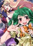  blonde_hair blue_eyes bow breasts choker cleavage dress flower gloves large_breasts long_hair macross macross_frontier microphone multiple_girls open_mouth ranka_lee red_eyes red_rose rose sheryl_nome tima wink wristband 