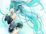  aqua_eyes aqua_hair bad_id detached_sleeves hands_clasped hatsune_miku headphones jpeg_artifacts kingchenxi long_hair necktie skirt solo twintails very_long_hair vocaloid 